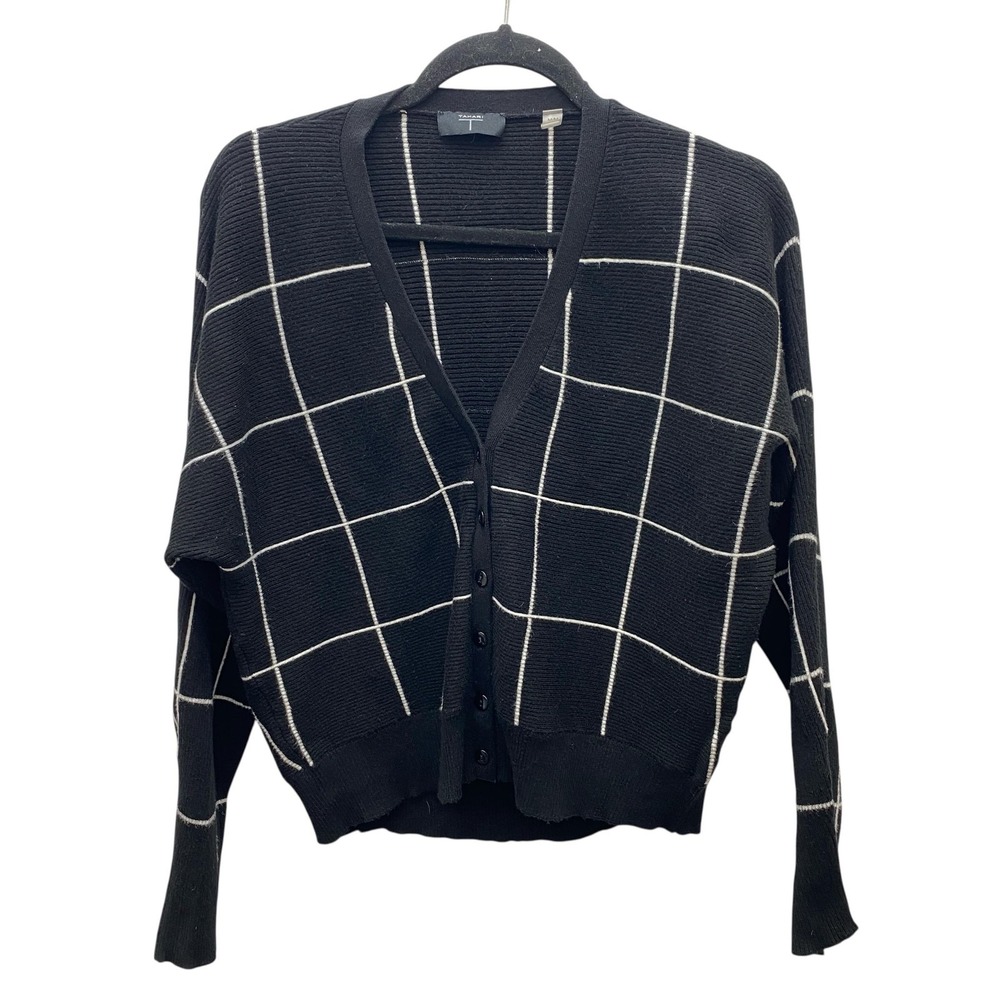 Tahari Cardigan Sweater Womens Medium Black White Windowpane Grid Button Up Knit